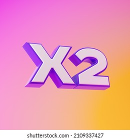 White x2 symbol with purple outline isolated over pink and yellow background. 3D rendering.