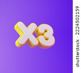 White x3 symbol with yellow outline isolated over purple background. 3D rendering.