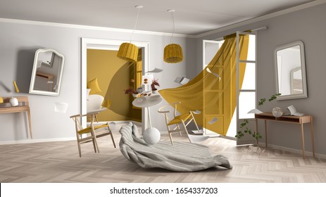 White And Yellow Living Room, Home Chaos Concept With Chairs And Table, Windows And Curtains, Broken Vase, Furniture And Other Accessories Flying In The Air, Explosion, Gust Of Wind, 3d Illustration