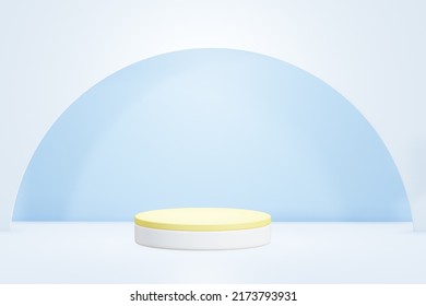 White And Yellow Podium With Half Circle Background For Product Display Presentation ,isolated On Blue Background , Illustration 3D Rendering