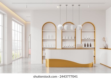 White and yellow salon interior with reception desk and shelf with cosmetics, panoramic window on Bangkok city view. Beauty care space with modern furniture. 3D rendering - Powered by Shutterstock