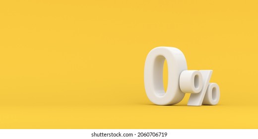 White zero percent or 0% special offer on yellow background. 3d render illustration.