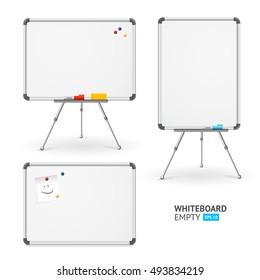 Whiteboard On Tripod Set For Classroom And Office. Different View. Illustration Of Presentation Board Blank With Markers And Pins For Conference And Brainstorming And Also School