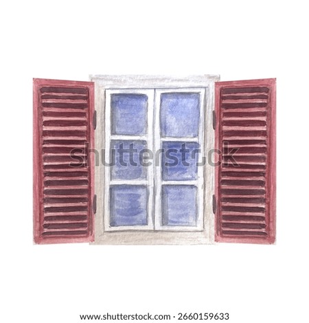 A white-framed window with red open shutters and blue glass panes. Watercolor illustration isolated on white. Perfect for Mediterranean architecture scenes, travel themes, cozy home compositions. 