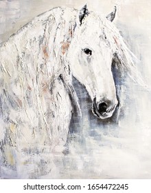white-grey horse oil painting print