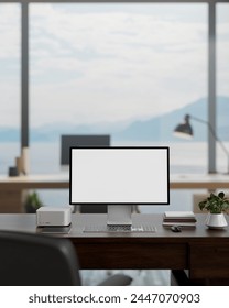 A white-screen PC computer mockup and office supplies on a desk in a modern spacious office with a beautiful nature view. 3d render, 3d illustration