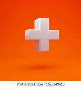 Whithe Glossy 3d Plus Symbol On Hot Orange Background. 3D Rendering. Best For Anniversary, Birthday Party, Celebration.