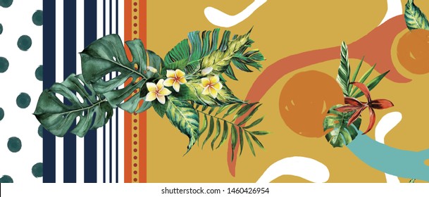 Whole Barred Tropical Summer Print With Geometric Elements, Leaves And Flower