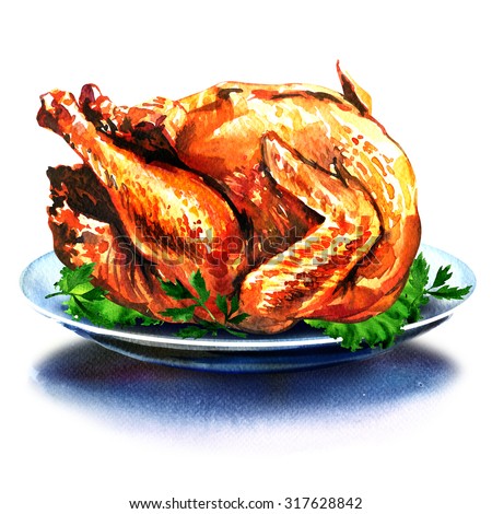 whole christmas dinner turkey with salad, watercolor painting on white background