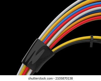 Whole lot of colorful cables bound together with black rubber - 3D Illustration