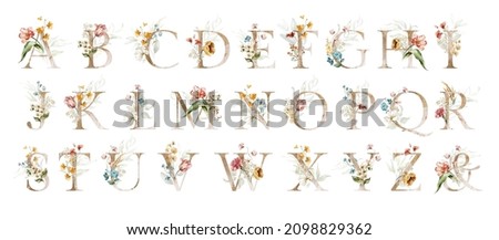 Similar – Image, Stock Photo Watercolor green letter I with dried leaves and tropical flowers bouquet, Boho illustration