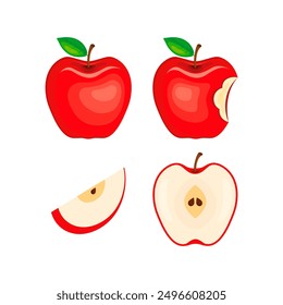 Whole and half red apple fruit icon set. Red fresh apples fruit icon set isolated on a white background. Bitten red apple drawing - Powered by Shutterstock