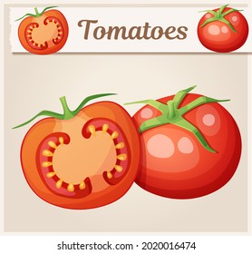 Whole And Half Of Tomato Vegetable. Cartoon Icon