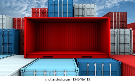 Whole Side And Empty Red Container Box At Cargo Freight Ship, 3d Rendering