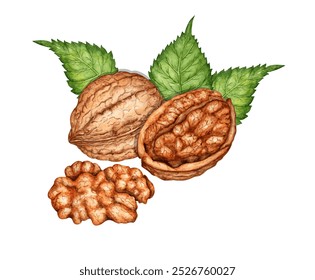 Whole walnut, half and kernel with green leaves watercolor illustration isolated from background. Realistic texture and natural colors of the shell and kernel of the nut. Ideal cooking botanical still