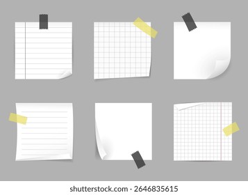 Whote post it notes icons vector set with tape accents.  Realistic notes, notebook pages