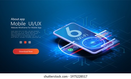 The Wi Fi 6 Logo On Smartphone Is Blurred On A Futuristic Blue Background. The Smartphone Connects To The New High-speed Wifi Network 6. Smartphone With 3D Isometry. High Internet Speed, Speed Test