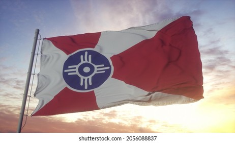 Wichita city flag, Kansas, waving in the wind, sky and sun background. 3d rendering.