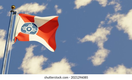 Wichita Kansas 3D rendered realistic waving flag illustration on Flagpole. Isolated on sky background with space on the right side. 