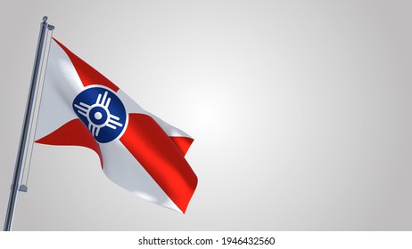 Wichita Kansas 3D waving flag illustration on a realistic metal flagpole. Isolated on white background with space on the right side.