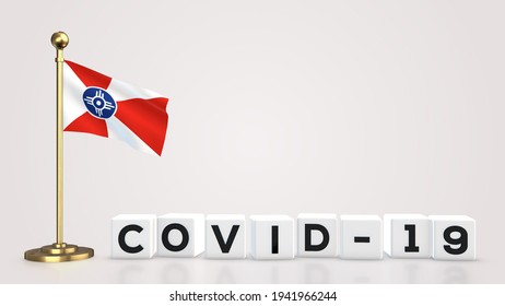 Wichita Kansas realistic flag illustration. White 3D COVID-19 cube text rendering.
