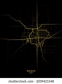 Wichita, Kansas, United States City Map - Wichita City Gold Map Poster Wall Art - Wichita City in United States Art Print
