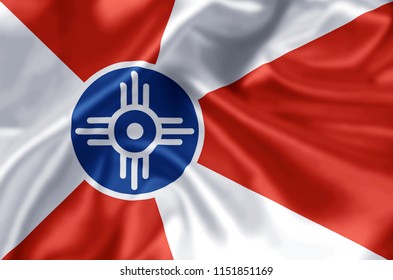 Wichita Kansas waving and closeup flag illustration. Perfect for background or texture purposes.