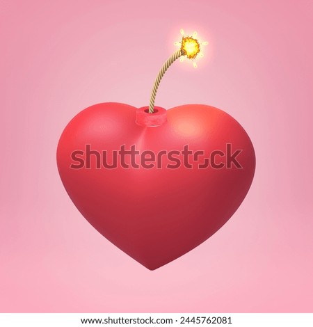 Wick burning on a dynamic red heart-shaped bomb. 3D Illustration