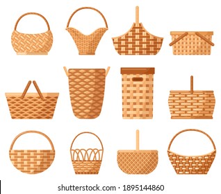 Wicker decorative basket. Traditional picnic willow basket with handle, baskets for outdoor dining. Wicker hampers  illustration set. Empty straw hampers for food and products