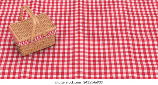 Wicker Picnic Wooden Basket on a Red Checkered Picnic Tablecloth Blanket extreme closeup. 3d Rendering  - Powered by Shutterstock