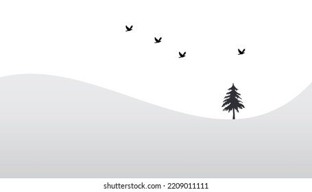 Wide Angle Illustration Of Birds And Tree Silhoutte.