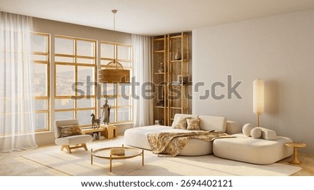 Wide angle Japandi interior featuring cozy wooden furniture, warm daylight and elegant negative space perfect for text, copy or poster placement. 3D illustration
