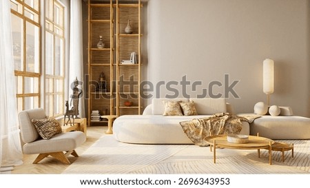Wide angle Japandi interior featuring cozy wooden furniture, warm daylight and elegant negative space perfect for text, copy or poster placement. 3D illustration