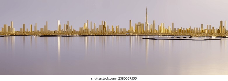 Wide angle panorama of downtown Dubai with golden skyscrapers. Low-poly miniature city. All buildings are made of gold. Concept of gold market and real estate, luxury. - Powered by Shutterstock