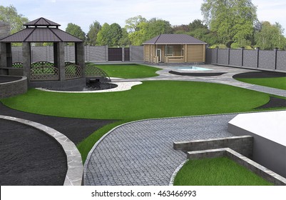 Wide angle panoramic view of the yard, 3d render