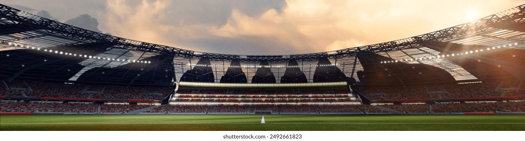 Wide angle view on empty soccer stadium and filled stands with sports fans waiting for open air game with sunset clear sky. 3D render. Concept of outdoor sport, activity, football, championship, match