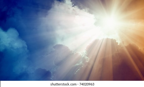 Wide Background - Bright Sun With Beams, Dark Clouds