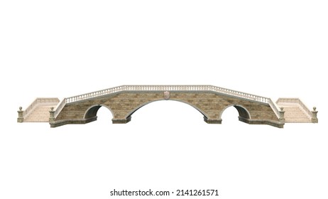 Wide Brown Stone Bridge With Steps On Each Side. 3D Rendering Isolated On White Background.