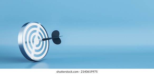 Wide Bullseye Target With Arrow On Blue Background With Mock Up Place. Targeting And Marketing Concept. 3D Rendering