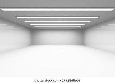 Wide empty white room with linear recessed ceiling lights and reflective floor, offering a neutral modern space for product placement, presentations, and compositing.