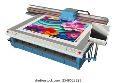 Wide format flatbed UV plotter machine. Printing a bright floral image. 3d illustration isolated on white