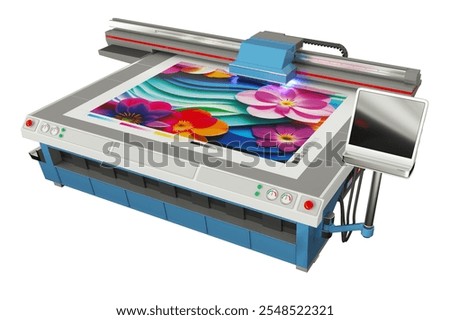 Wide format flatbed UV plotter machine. Printing a bright floral image. 3d illustration isolated on white