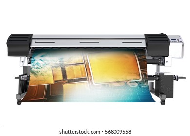 Wide Format Printing Concept. Solvent Grand Format Printer 3D Illustration Isolated on White.