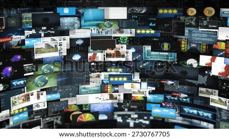 Wide futuristic composition of multiple digital screens showing global data, news, security alerts and online interfaces, illustrating information overload and interconnected digital media ecosystems