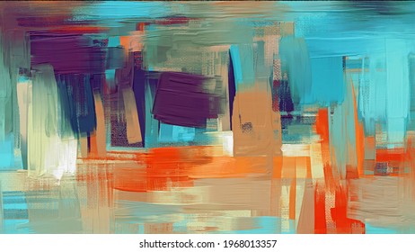 Wide large size teal colour hand drawn artwork in contemporary style. Modern art made with paint smears and rough brush strokes for large wall tapestry, bed decor, abstract painting on canvas