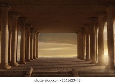 wide open hall with ionic columns and view to beautiful sea. 3D Rendering