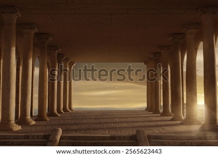 wide open hall with ionic columns and view to beautiful sea. 3D Rendering