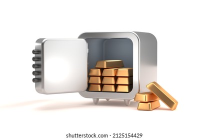 Wide Open Silver Safe Box With Gold Bars Isolated On White Background. 3D Rendering.