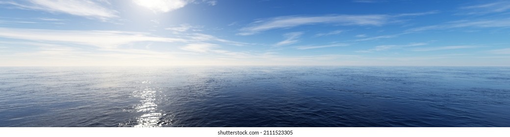 Wide panorama view of open ocean or sea with blue sky and light clouds, 3D illustration