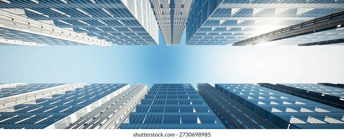 Wide panoramic 3D rendering of modern skyscrapers viewed from below, rising toward sky. Cityscape with contemporary building exteriors, office towers, real estate development and property investment.